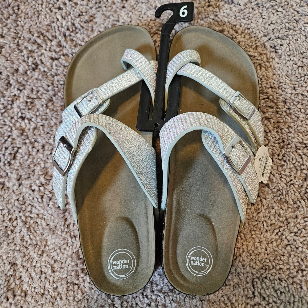 Wonder Nation Sandals Girls‎ Size 6 Silver NEW Glitter Adjustable Sparkly Slides
